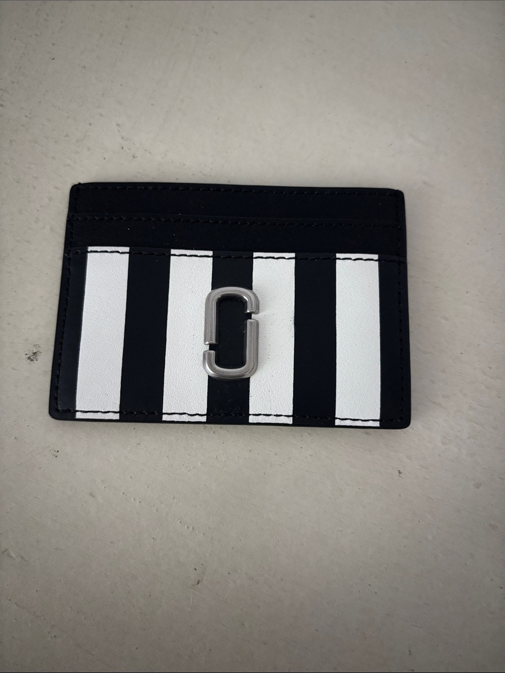 Marc Jacobs Black & White Striped Card Case with Silver Hardware